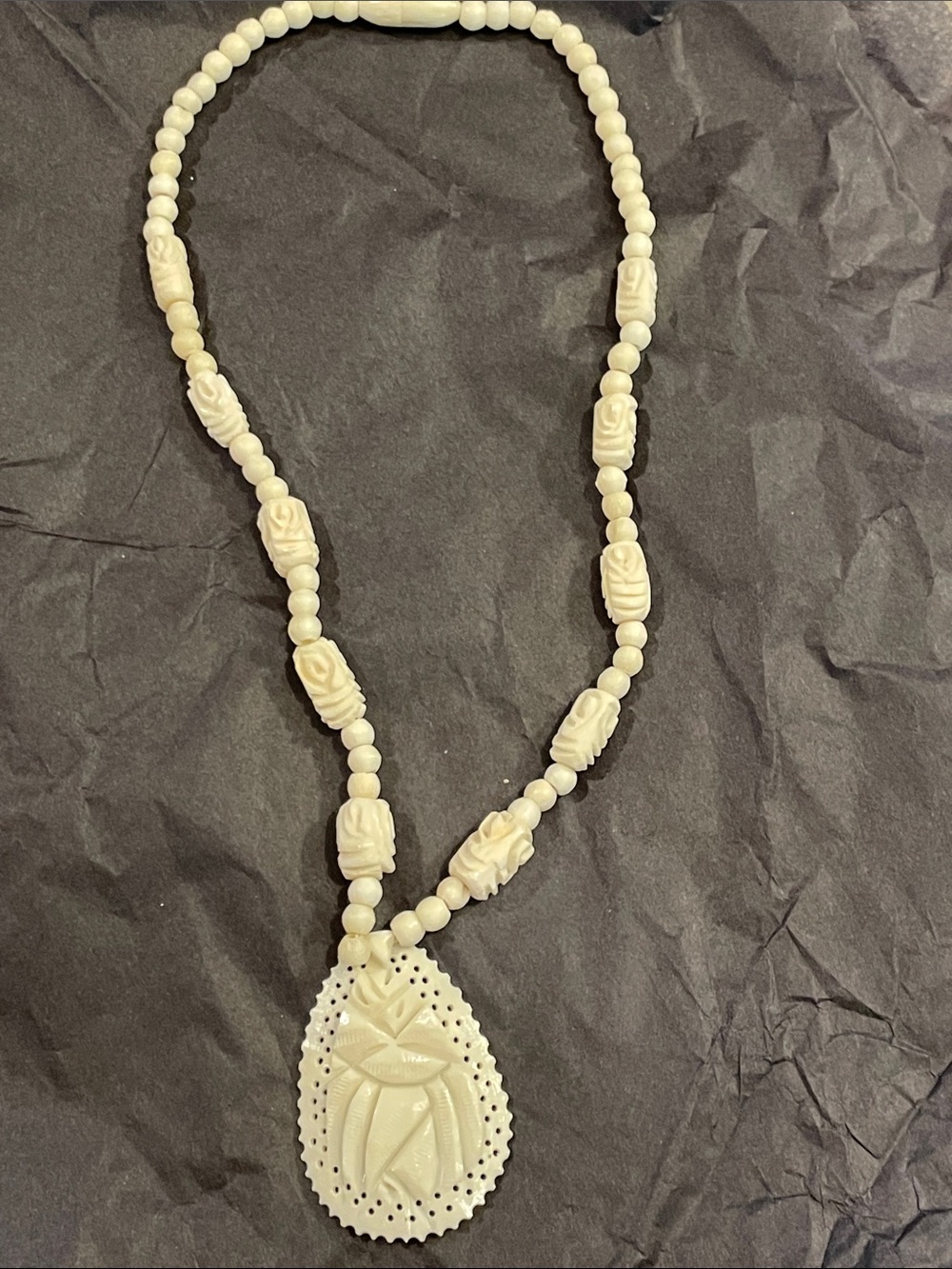 Carved Ivory-Color Beaded Pendant Necklace - Women Jewelry